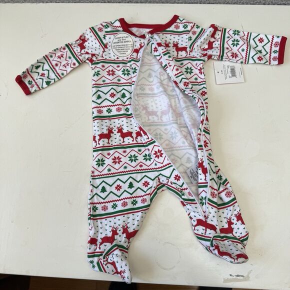 Baby Girl Boy CHRISTMAS FOOTED PAJAMAS White Red Green REINDEER Snowflake 0-3 MO - Picture 5 of 7
